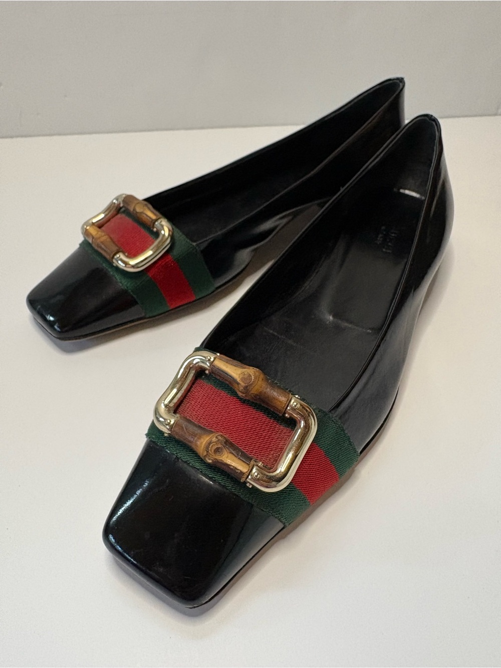 Patent Black Flats with Red & Green Ribbon Accent
